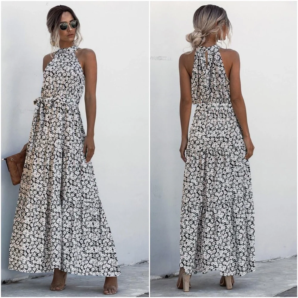 Boho Pastel Green Floral Print Halter Maxi Dress Ruffle - Picture 2 of 13